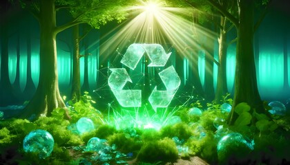 A vivid recycling emblem atop flattened plastic bottles, complemented by flourishing green plants sustainable development