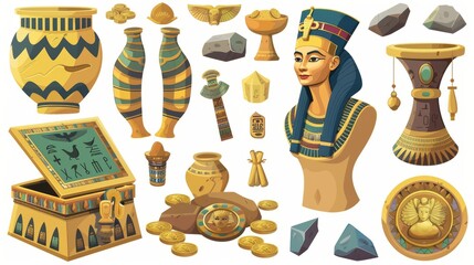 Modern cartoon set of ancient Egyptian culture symbols. Isolated on white background is a statue of Nefertiti with hieroglyphs, a sacrificial vase and treasure chest, gold coins and gemstones.