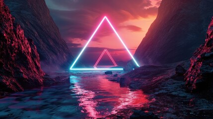 The great pink floating triangle beyond the river that surrounded with a lot amount of the tall mountains at the dawn or dusk time of the day that shine light to the every part of the picture. AIGX03.