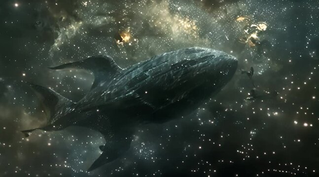 Submarine with wings flying across the milky way galaxy, ship fantasy