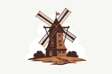 Obraz premium A picturesque windmill with a flag waving on top. Suitable for travel and countryside themes