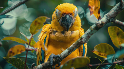 A vibrant yellow and blue macaw perched on a tree branch