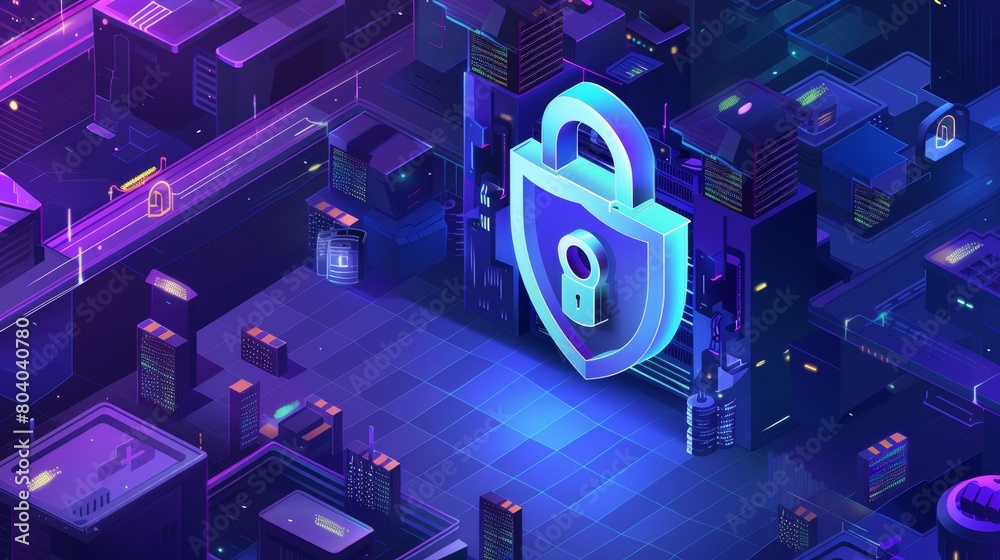 Poster server room protected with shield padlock from outer access. computer internet digital technology, d
