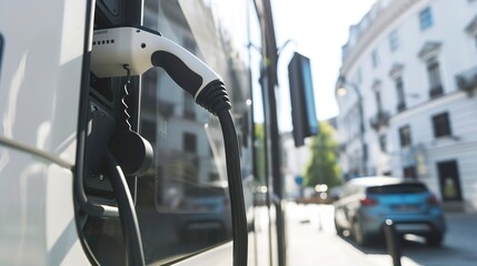 Detailed view of an electric bus charging at a city station, emphasizing the shift towards electric public transport solutions.