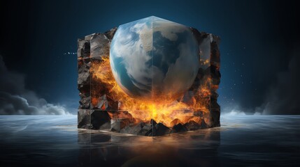 Artistic image of a surreal cube planet where each side hosts a different natural element like water fire earth and air set against a solid grey background suitable for conceptual art or environmental