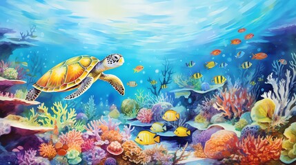 Artistic watercolor illustration of a vibrant underwater scene featuring colorful coral reefs diverse fish species and a gentle sea turtle set against a solid light blue background perfect for educati