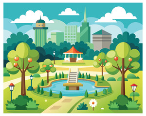 Green park with beautiful landscape and mountains vector illustration