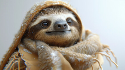 A charming, animated sloth wrapped in a cozy, snow-dusted scarf and hood, smiling gently on a white background.