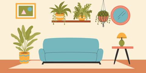 Living room with furniture and macrame plant. Vector illustration.