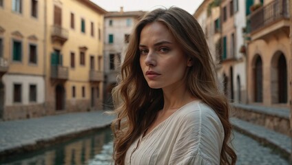 Fototapeta premium portrait of a beautiful young woman with dark hair in the center of an old European city