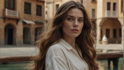 portrait of a beautiful young woman with dark hair in the center of an old European city