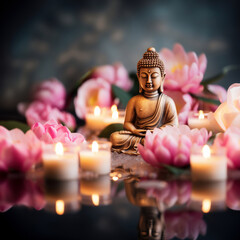 Buddha statue among pink water lilies, lotus flowers and candles