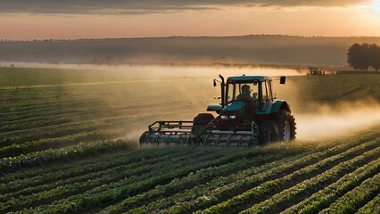 Fototapeta premium Witness a modern tractor diligently spraying crops in a misty field at the break of dawn, blending technology and nature seamlessly.