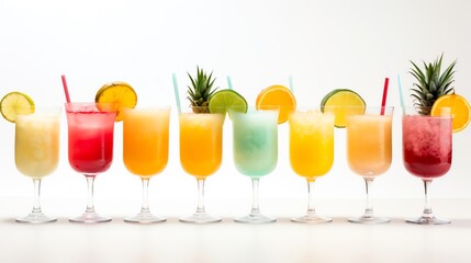 Minimalist yet inviting photo of a series of tropical cocktails each in unique glasses arranged against a solid white background suitable for menus or summer drink promotions