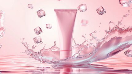 Realistic 3D modern mockup background of a face care cosmetics banner floating in water with ice cubes. Tube with cosmetic products like makeup remover, cream, and micellar tonic.