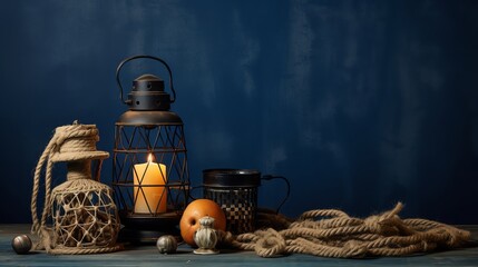 Rustic nautical decor composition featuring old fishing nets and a vintage candle lantern artfully arranged against a solid dark blue background for a maritime theme