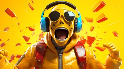 Vibrant 3D illustration of a beloved video game character styled with bright playful colors and set against a solid yellow background suitable for gaming accessories or themed parties