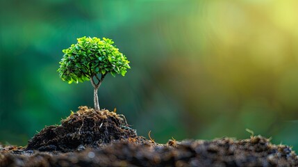 Vibrant miniature tree growing from soil against a blurred background