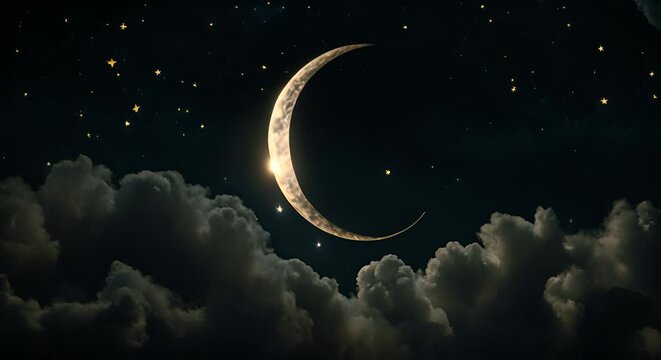 Crescent moon in space.	
