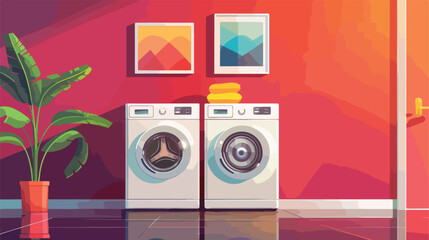 Modern washing machine with laundry near color wall Vector