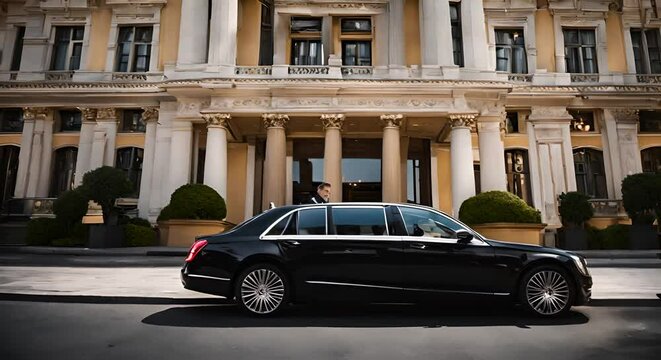 Limousine in front of a hotel.	
