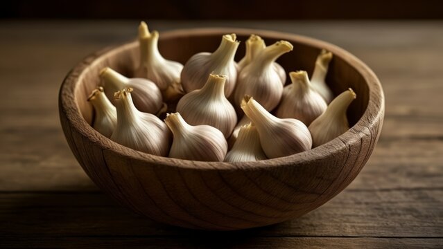  A wooden bowl filled with fresh garlic bulbs