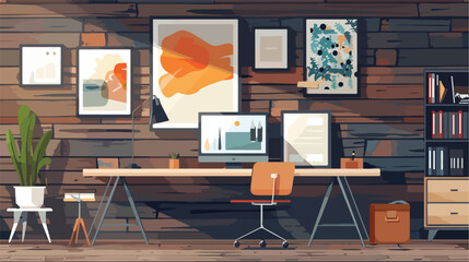 Modern workplace with stylish pictures near wooden