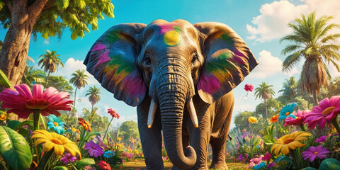 colorful vivid fantasy reggae smiling cute elephant, generative AI