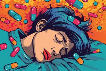 A woman laying on a bed of pills. Suitable for healthcare concepts