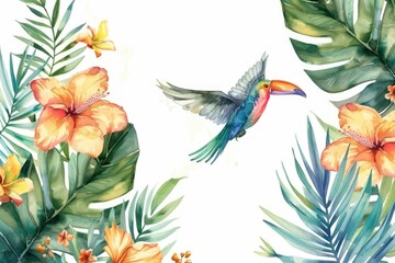 A beautiful painting of a bird flying over lush tropical foliage. Perfect for nature lovers and tropical themed designs