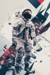 Space, future, background.Astronaut in a spacesuit, futuristic landscape, geometric metal abstraction for poster or flyer