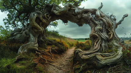 A gnarled and twisted tree with roots like winding serpents
