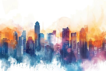 Vibrant watercolor painting of a city skyline, perfect for urban-themed designs