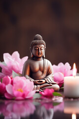 Buddha statue among pink water lilies, lotus flowers and candles