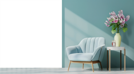 3D rendering of empty wall mockup in living room interior with pastel wooden slats, armchair, coffee table and flower vase on the side. Home decor concept.