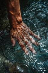 A person's hand submerged in a body of water. Suitable for concepts related to relaxation and mindfulness