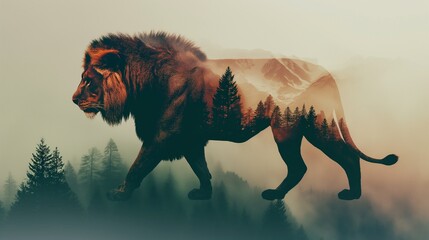 A silhouette of a lion in a double exposure of forest mountains