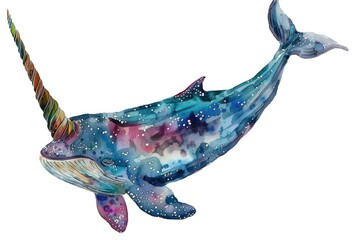 Colorful watercolor painting of a whale with a unicorn horn. Suitable for children's books or fantasy themed designs