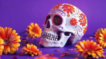 White Skull Decorated with Orange Flowers