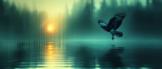 Dramatic scene of a hawk diving against the backdrop of a setting sun, its silhouette sharp against the fading light