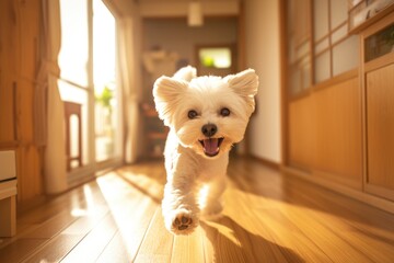 A playful dog runs around the house under the sun's rays. Happy pet - obrazy, fototapety, plakaty