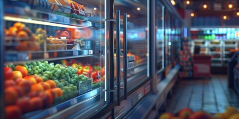 Refrigerated foods in Supermarket shelves with variety of food, fruits and beverages.