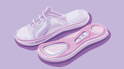 Pair of orthopedic insoles and shoes on lilac background