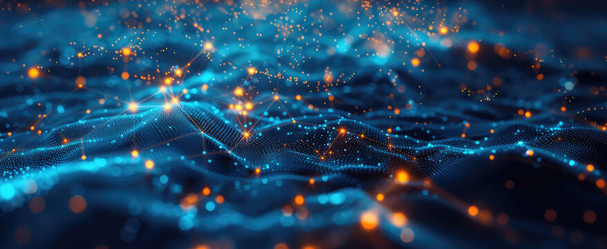 Abstract futuristic dark blue background with golden plexus structure with sparkling light