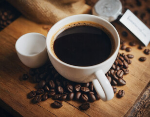 Obraz premium I chicchi di caffè sono come sentinelle del mattino, circondano la tazzina in un abbraccio protettivo.