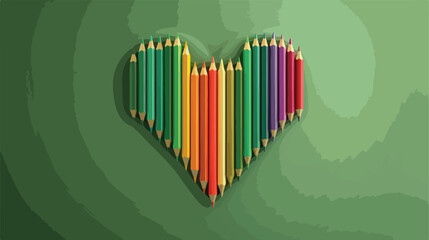 Paper heart with colorful pencils on green background