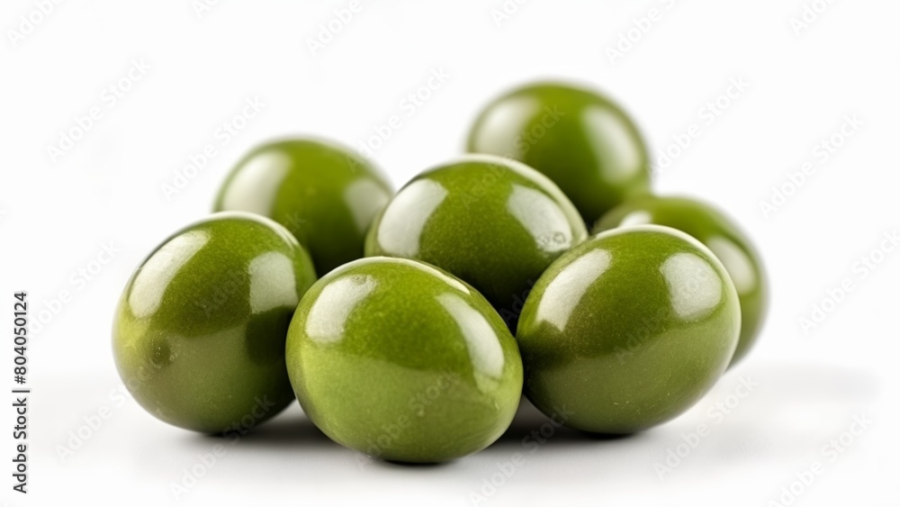 Wall mural  Shiny fresh green olives on a white background