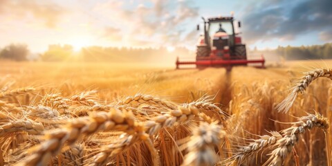 Fototapeta premium A golden wheat field with a harvester working in the background, in the style of a harvest concept banner. Business plan for a farmland or agricultural company.