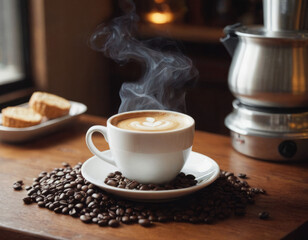 Obraz premium I chicchi di caffè sono come messaggeri dell'alba, circondano la tazzina per annunciare la nascita di un nuovo giorno.