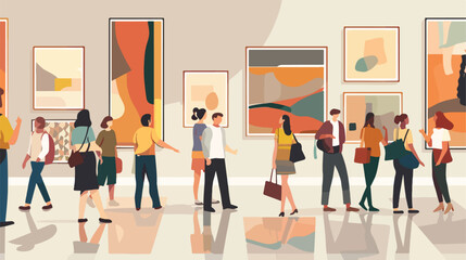 People at exhibition in modern art gallery Vector style